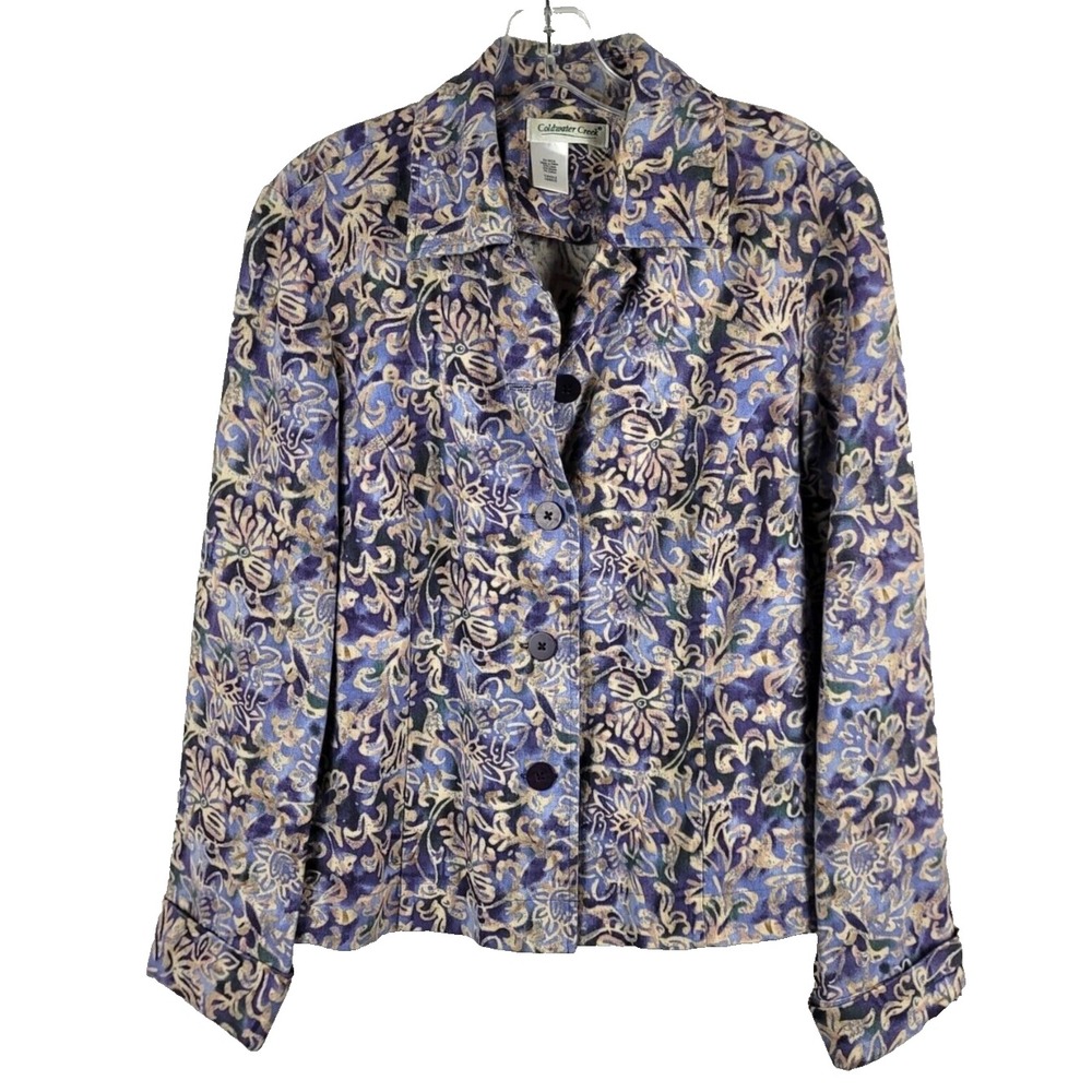 COLDWATER CREEK Purple/Beige/Green HEAVY LINEN BLEND JACKET Floral/Scrolls SZ L